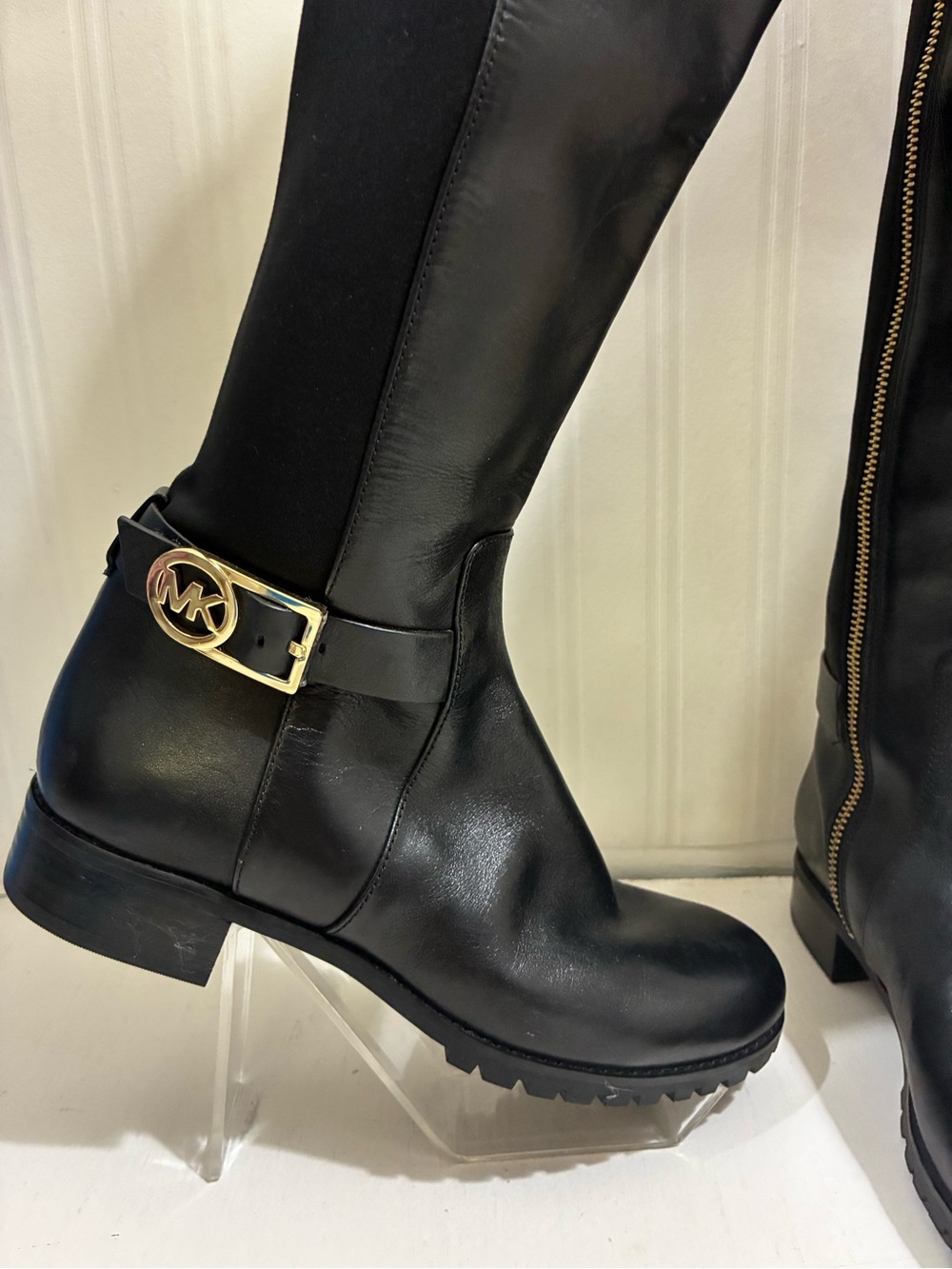 Michael Kors Black Leather Tall Riding Boots with Gold MK Buckle